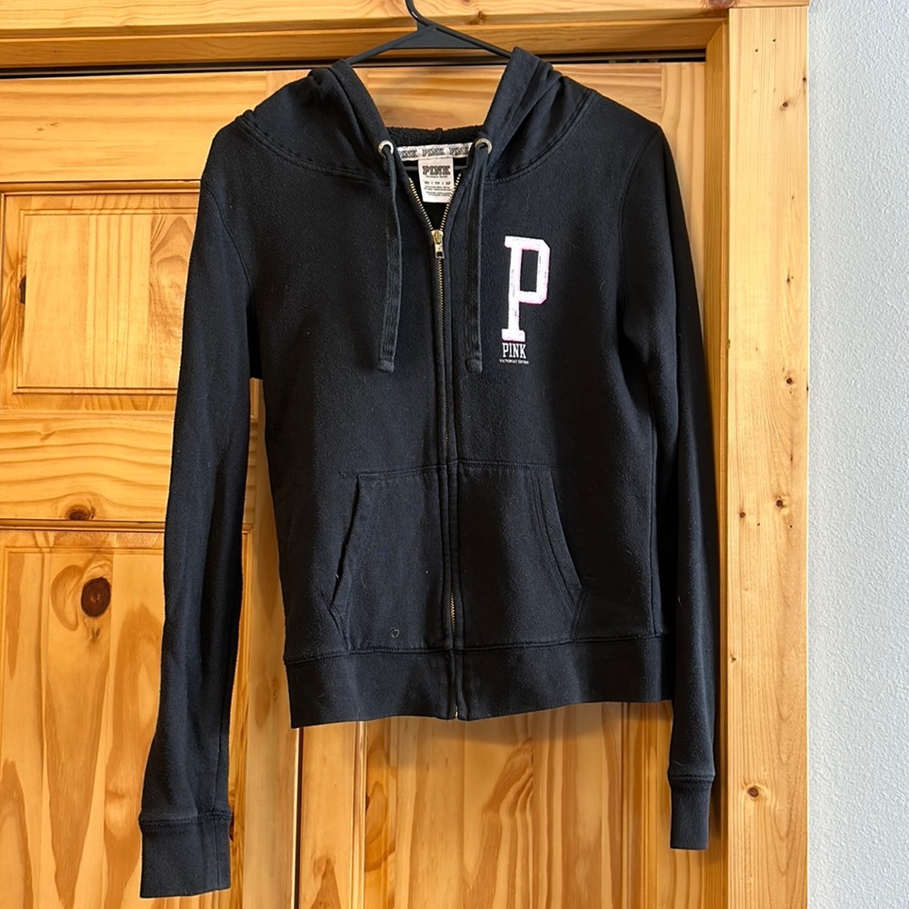Pink brand black zip up hoodie, size XS